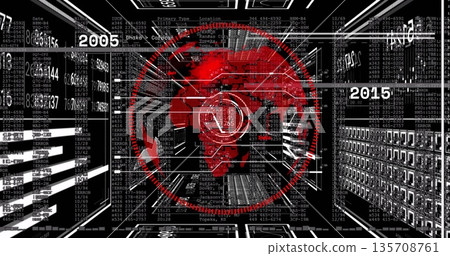 Projecting red world map overlaying circular interface in data corridor, with streaming code Projecting red world map overlaying circular interface in data corridor, with streaming code 135708761