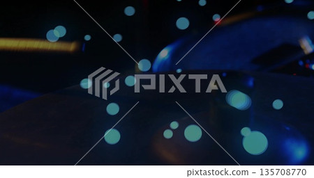 Shining metallic drum cymbal reflecting blue bokeh lights at rehearsal area, acoustic guitar body Shining metallic drum cymbal reflecting blue bokeh lights at rehearsal area, acoustic guitar body 135708770