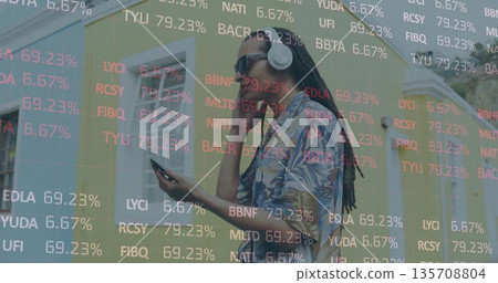 Man wearing tropical shirt sunglasses and headphones viewing market data on phone by pastel homes 135708804