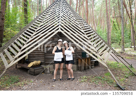 Two women enjoying a sauna in Yatsugatake, Yamanashi Two women enjoying a sauna in Yatsugatake, Yamanashi 135709058