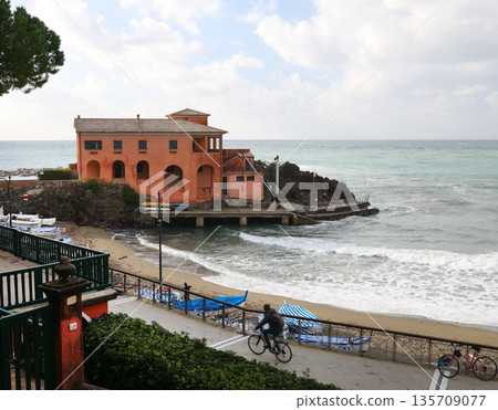 Traditional Ligurian building on island in sea. Landscape on cloudy day. Nature in Italy.  135709077
