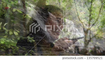 Blending woman talking into phone with waterfall flowing over mossy rocks in forest red berries Blending woman talking into phone with waterfall flowing over mossy rocks in forest red berries 135709521