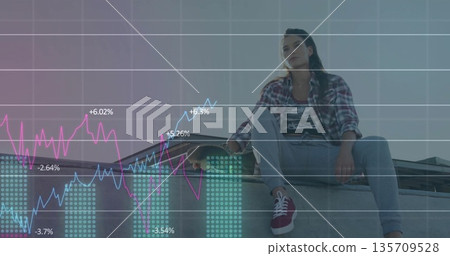 Sitting woman on concrete ledge at skate park, with skateboard and financial chart overlay Sitting woman on concrete ledge at skate park, with skateboard and financial chart overlay 135709528