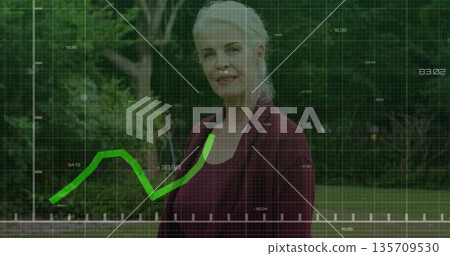 Standing woman in maroon blazer showing green line graph in garden, with numeric grid overlay 135709530