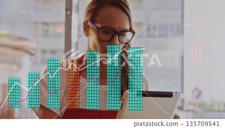 Barista wearing red apron, glasses analyzing data on tablet at cafe window, with chart overlays Barista wearing red apron, glasses analyzing data on tablet at cafe window, with chart overlays 135709541