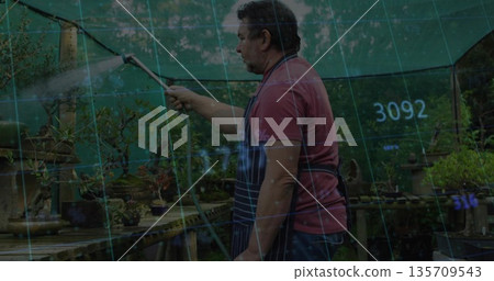 Spraying senior gardener apron-clad watering bonsai with hose in nursery, grid overlay, copy space Spraying senior gardener apron-clad watering bonsai with hose in nursery, grid overlay, copy space 135709543