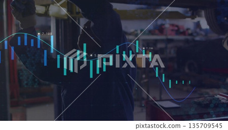 Inspecting mechanic reaching under car on hoist in garage with candlestick line chart overlay Inspecting mechanic reaching under car on hoist in garage with candlestick line chart overlay 135709545