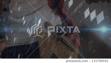 Showing torso wearing white tee, tan backpack strap in corridor, with data graphics and lens flare 135709591