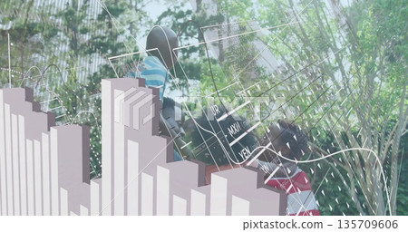Family studying 3D bar charts and line graphs on home balcony, with USD MXN YEN overlays Family studying 3D bar charts and line graphs on home balcony, with USD MXN YEN overlays 135709606