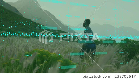 Running athlete in sportswear navigating field near ridges with wildflowers and teal data overlays Running athlete in sportswear navigating field near ridges with wildflowers and teal data overlays 135709617