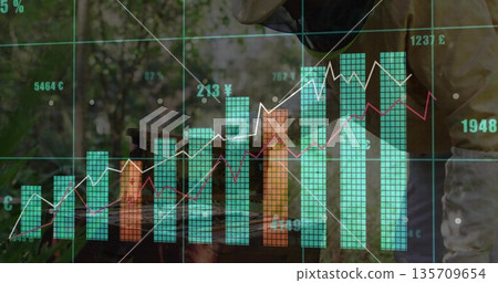 Inspecting beekeeper wearing protective suit in apiary, with hive frame and money chart, copy space 135709654