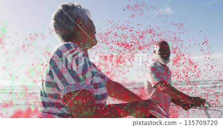 Pedaling senior couple wearing striped shirt and polo shirt on seaside bike path, with bicycles 135709720