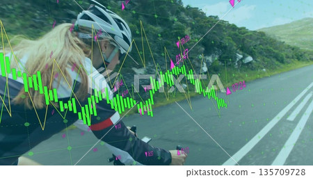 Riding cyclist wearing helmet monitoring computer on mountain road, with neon-green charts overlay Riding cyclist wearing helmet monitoring computer on mountain road, with neon-green charts overlay 135709728