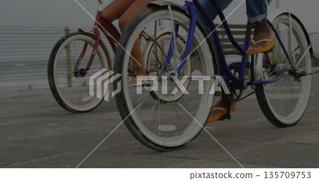 Pedaling couple riding cruiser bicycles on seaside promenade, with metal mesh railing and ocean 135709753