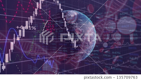 Displaying semi-transparent Earth globe over data grid, with candlestick charts and DNA helix 135709763