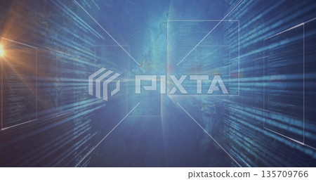 Glowing central translucent panel floating in digital space, with code streams and light flare Glowing central translucent panel floating in digital space, with code streams and light flare 135709766