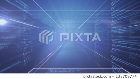 Extending data corridor through virtual matrix, with floating panels, code streams and grid lines 135709774
