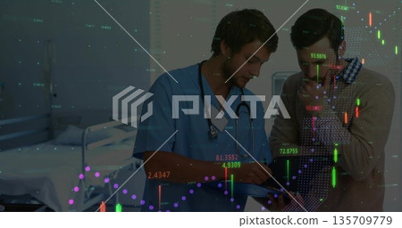 Doctor in scrubs reviewing clipboard with stethoscope and patient in clinic, stock charts 135709779