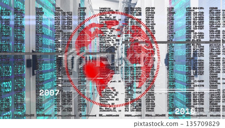 Red digital globe floating in data center corridor, showing server racks, code, dates 2007 and 2010 Red digital globe floating in data center corridor, showing server racks, code, dates 2007 and 2010 135709829