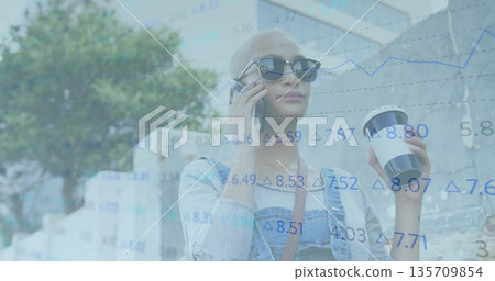 Woman holding smartphone to ear and sipping coffee near concrete wall, with financial charts Woman holding smartphone to ear and sipping coffee near concrete wall, with financial charts 135709854