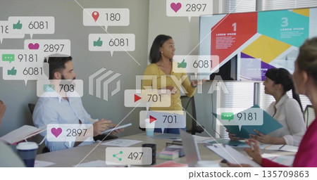 Businesswoman in mustard top presenting social metrics in boardroom, with tablet and floating icons 135709863