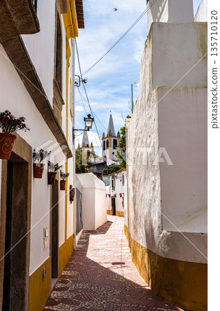Beautiful narrow cobblestone Rua de Santa Maria street in the traditional village of Nisa, in Alentejo, Portugal Beautiful narrow cobblestone Rua de Santa Maria street in the traditional village of Nisa, in Alentejo, Portugal 135710120