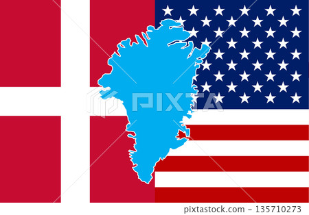 Denmark Flag And United States Flag With Greenland Map Silhouette Overlay In A Global Context. Denmark Flag And United States Flag With Greenland Map Silhouette Overlay In A Global Context. 135710273