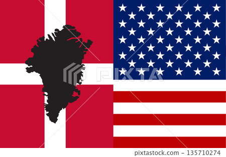 Greenland Island Silhouette Overlays Danish And American Flags. Greenland Island Silhouette Overlays Danish And American Flags. 135710274