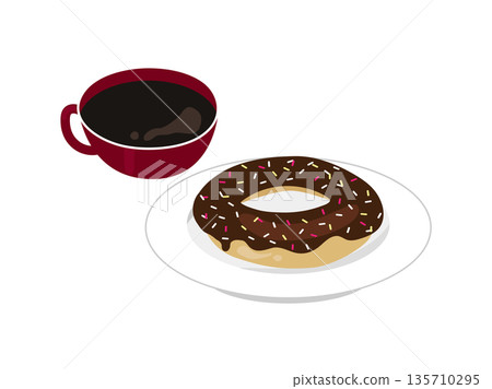 Hot coffee and donuts on a plate 135710295