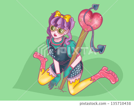Girl sitting with a heart-shaped clock, green background, green heart Girl sitting with a heart-shaped clock, green background, green heart 135710438