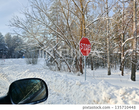 Red STOP Sign in Snowy Winter Forest Roadside. Red octagonal STOP road sign covered in snow on rural roadside, pine and birch trees in winter forest, viewed from vehicle. 135710448