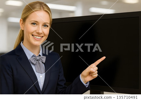 在現代辦公室進行演示或公司培訓時，身穿西裝的女商人正指著顯示器螢幕。 135710491