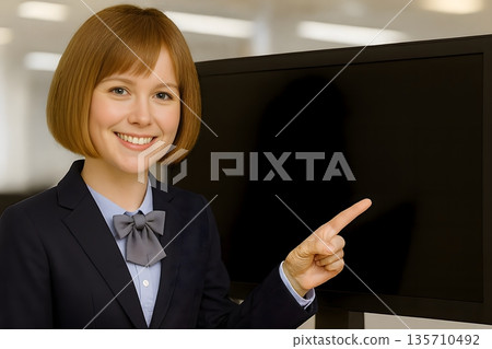 一位自信的女商人面帶微笑，指著辦公室裡的螢幕，準備進行演示或培訓。 135710492