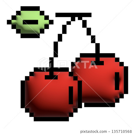 3d pixel art illustration of inflated red cherry for decoration, food, grocery shopping, cartoon, supermarket, print, nature, garden, healthy ingredients, cook book, smoothie, organic fruit, summer 135710568