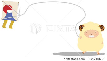 插圖素材，留有文字空間，描繪了十二生肖綿羊玩風箏的場景。 135710638
