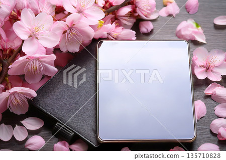 A tablet and a new notebook among cherry blossoms 135710828