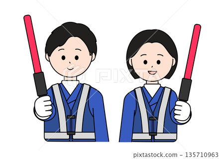 Illustration of a security staff member holding a red exit light Illustration of a security staff member holding a red exit light 135710963
