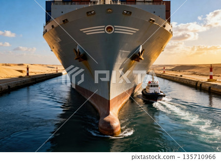 Large cargo ship navigating suez canal with tugboat assistance at sunset Large cargo ship navigating suez canal with tugboat assistance at sunset 135710966