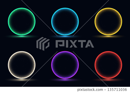 Set of glowing neon circles with sparkling particles and light reflection on dark background, vibrant energy rings in green blue yellow white purple red magic portal, tech design Set of glowing neon circles with sparkling particles and light reflection on dark background, vibrant energy rings in green blue yellow white purple red magic portal, tech design 135711036