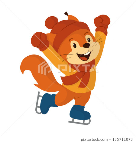 Joyful squirrel jumping on ice with raised paws. Flat vector illustration. This dynamic winter animal character suits children sports themes, festive visuals, active learning materials, skating events 135711073