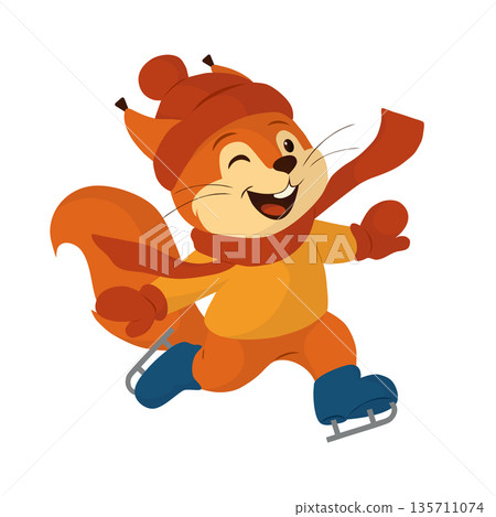 Happy squirrel ice skating and waving in flat cartoon style. Cute winter animal character illustration for kids content, ice rink posters, holiday cards, seasonal decorations, mascots, educational Happy squirrel ice skating and waving in flat cartoon style. Cute winter animal character illustration for kids content, ice rink posters, holiday cards, seasonal decorations, mascots, educational 135711074