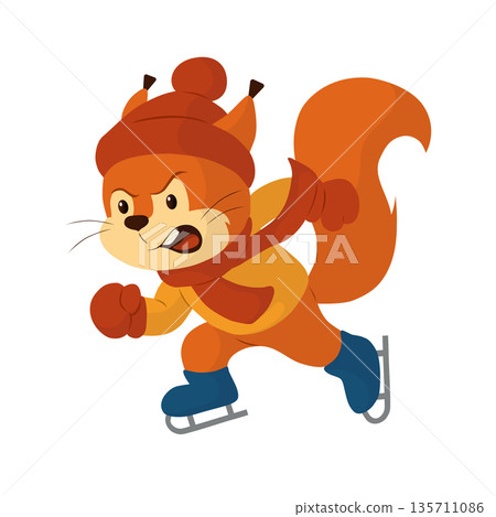 A gloomy squirrel skating on ice. Vector illustration. A playful animal mascot for winter sports. Suitable for children's education, branding, holiday posters, party cards, and seasonal decorations. A gloomy squirrel skating on ice. Vector illustration. A playful animal mascot for winter sports. Suitable for children's education, branding, holiday posters, party cards, and seasonal decorations. 135711086