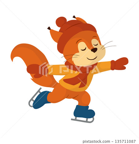 A contented squirrel gliding across the ice like a swallow. Vector illustration in a bright, flat cartoon style. This character can serve as a winter mascot for children's projects, holiday posters A contented squirrel gliding across the ice like a swallow. Vector illustration in a bright, flat cartoon style. This character can serve as a winter mascot for children's projects, holiday posters 135711087