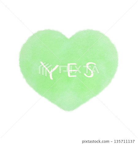 Simple watercolor illustration of a heart mark with the word YES in green Simple watercolor illustration of a heart mark with the word YES in green 135711137