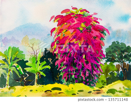 Painting art watercolor landscape original  colorful of paper flowers. 135711148