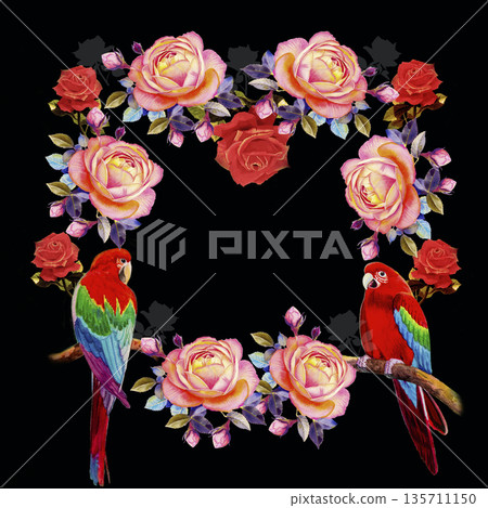 Painting  of roses flowers and  Macaw bird. 135711150