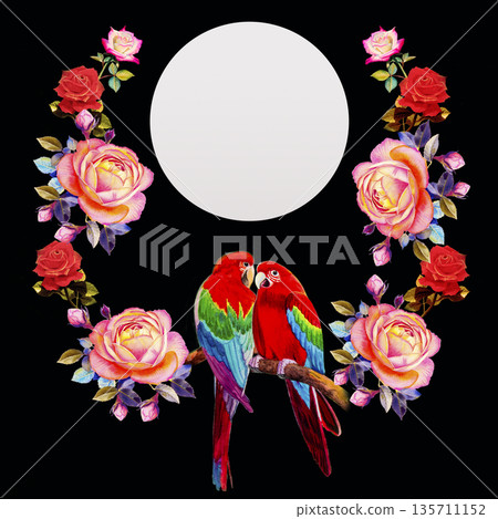 Painting of roses flowers and Macaw bird. Painting of roses flowers and Macaw bird. 135711152