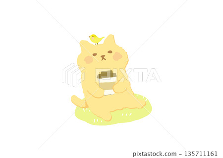 Hand-drawn illustration of a cute cat relaxing on the grass and enjoying coffee 135711161