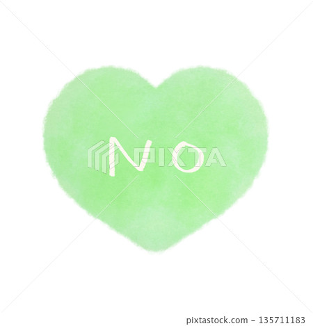 Watercolor illustration of a simple heart mark with the word NO in green 135711183