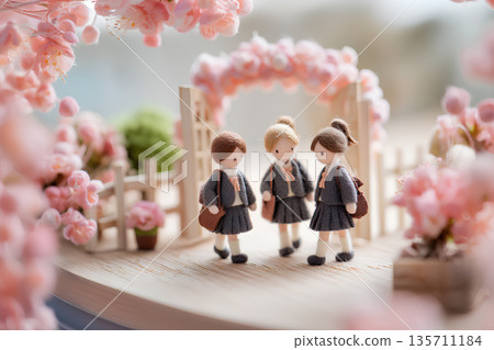 3D illustration of spring entrance and graduation with cherry blossoms and happy female students 135711184